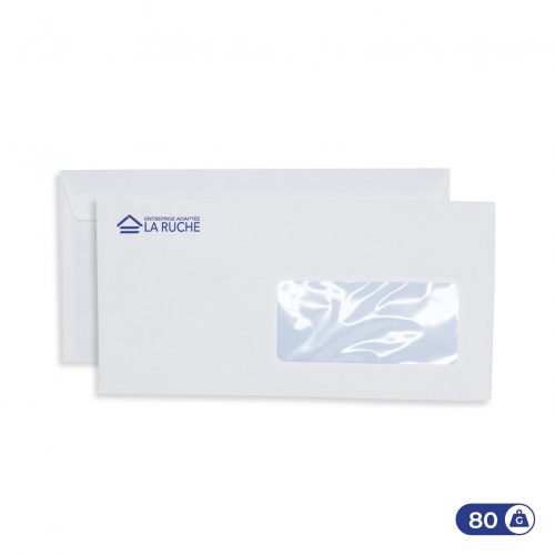Enveloppes blanches personnalisables 110×220 mm – 80g – fenêtre 45×100